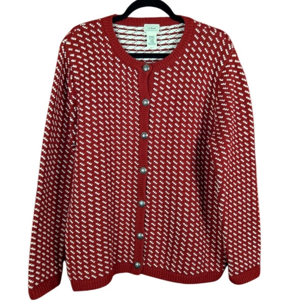 L.L. BEAN Vintage Birdseye Cardigan Sweater Red‎ White Wool Womens Size Large